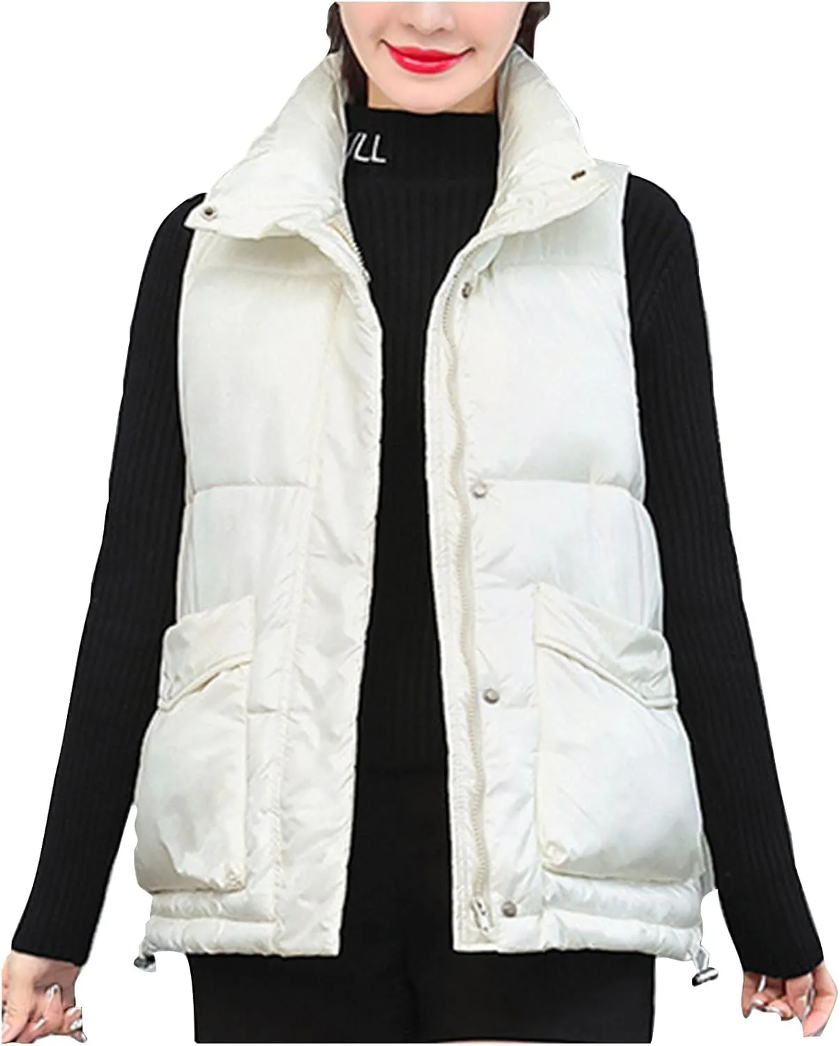 Oplxuo Women's Metallic Down Jacket Shiny Puffer Vest, Sleeveless Stand Collar Zip Up Coat Winter Warm Padded Gilet Jackets