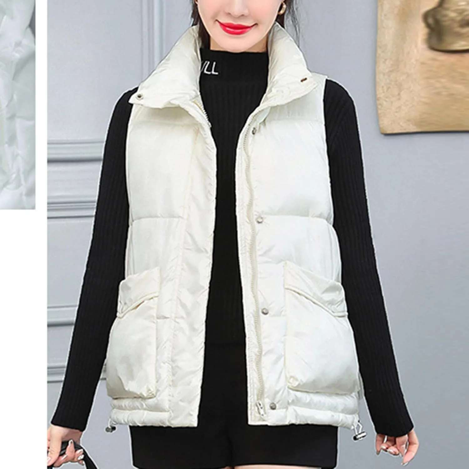 Oplxuo Women's Metallic Down Jacket Shiny Puffer Vest, Sleeveless Stand Collar Zip Up Coat Winter Warm Padded Gilet Jackets