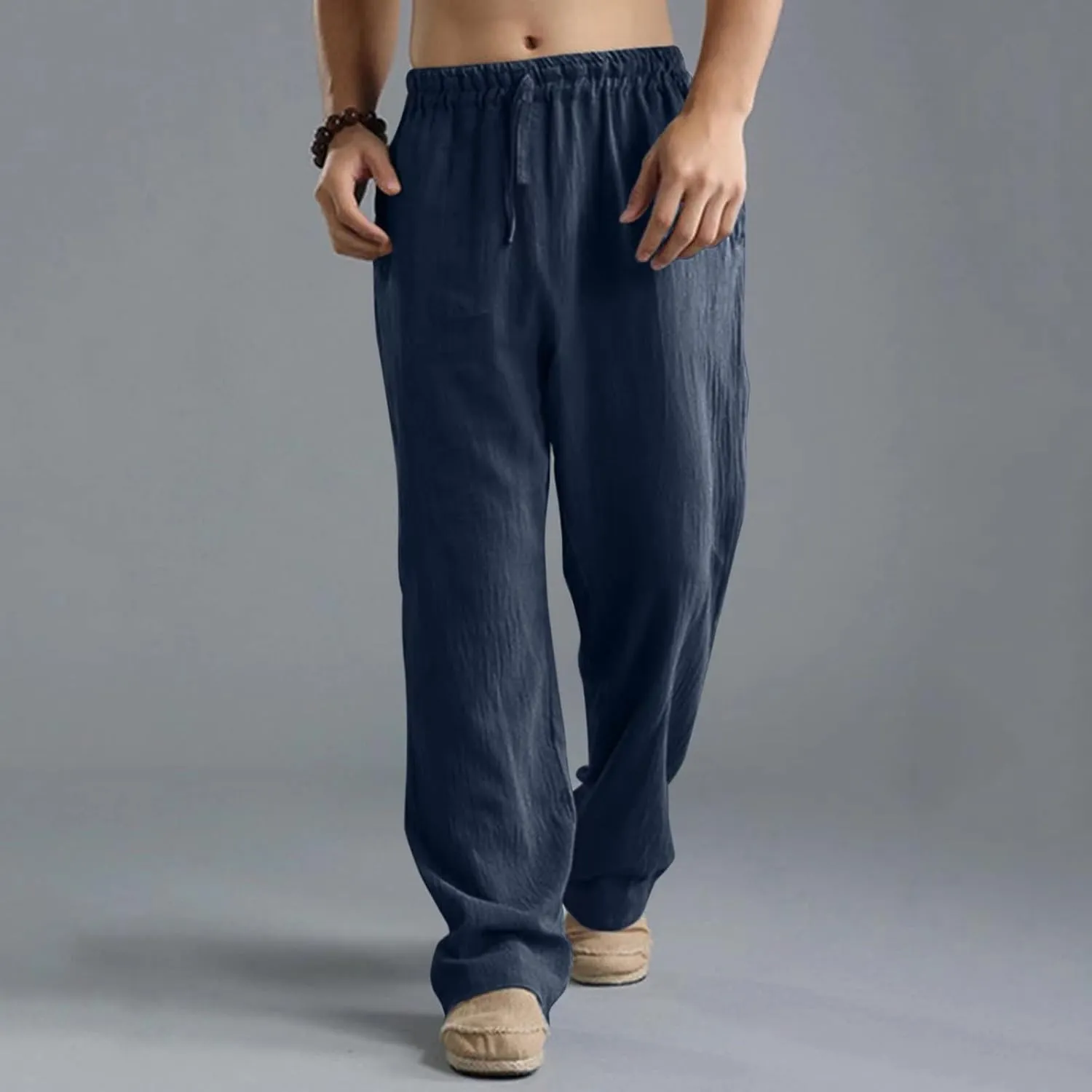 Oversize Linen Pants for Men Breathable Loose Beach Pants Casual Summer Pants Elastic Waist Drawstring Baggy Trousers