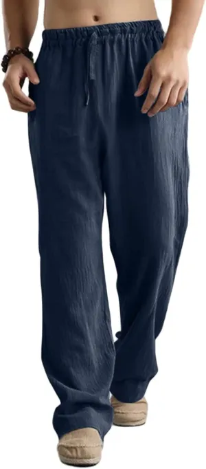 Oversize Linen Pants for Men Breathable Loose Beach Pants Casual Summer Pants Elastic Waist Drawstring Baggy Trousers