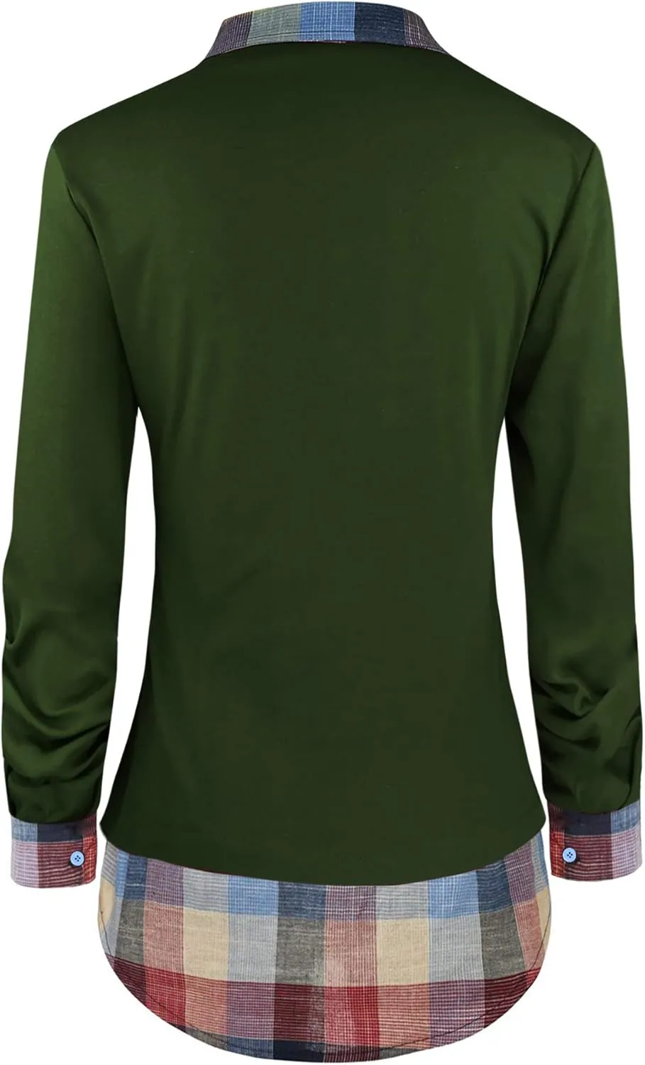 Oyamiki Women's Casual Collared Curved Hem 2 in 1 Pullover Tops Plaid Contrast Shirt Blouse
