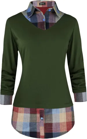 Oyamiki Women's Casual Collared Curved Hem 2 in 1 Pullover Tops Plaid Contrast Shirt Blouse
