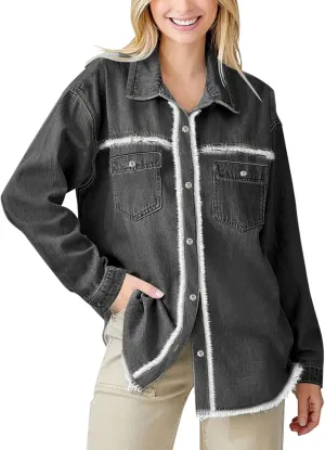 Paintcolors Women's Button Down Denim Shirt Oversized Long Sleeve Casual Frayed Pocket Work Blouses Chambray Tops Jacket