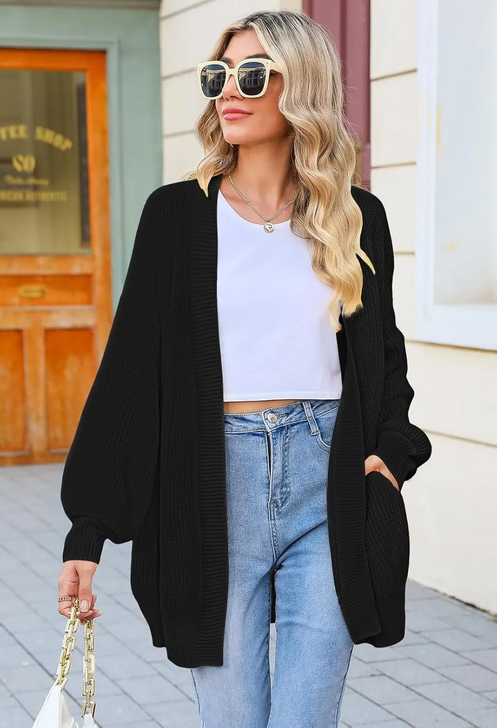 Pink Queen 2024 Fall Long Cardigans for Women Batwing Sleeve Open Front Ribbed Knit Oversized Cardigan Sweaters with Pockets