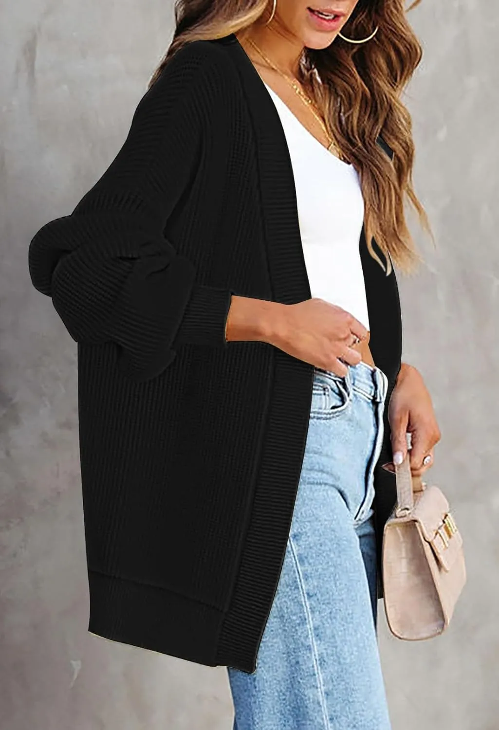 Pink Queen 2024 Fall Long Cardigans for Women Batwing Sleeve Open Front Ribbed Knit Oversized Cardigan Sweaters with Pockets