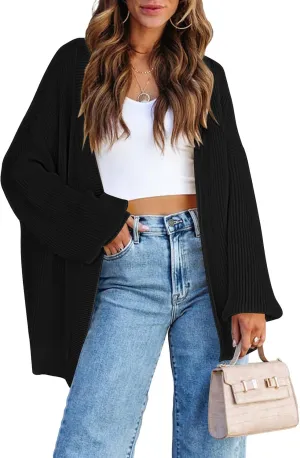 Pink Queen 2024 Fall Long Cardigans for Women Batwing Sleeve Open Front Ribbed Knit Oversized Cardigan Sweaters with Pockets