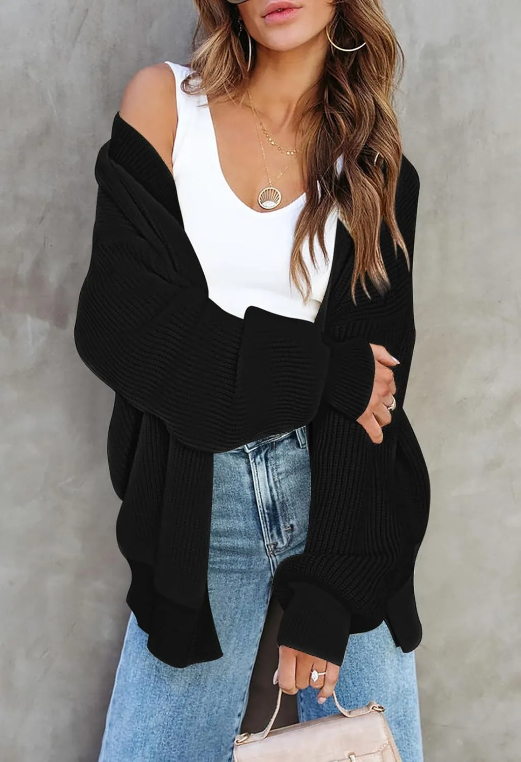 Pink Queen 2024 Fall Long Cardigans for Women Batwing Sleeve Open Front Ribbed Knit Oversized Cardigan Sweaters with Pockets