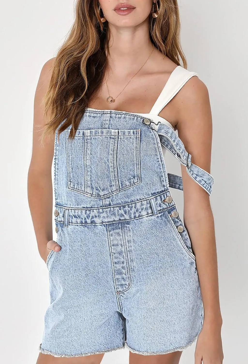 Pink Queen Women's Denim Shortalls Casual Adjustable Straps High Waist Bib Jeans Overalls Shorts Romper with Pockets