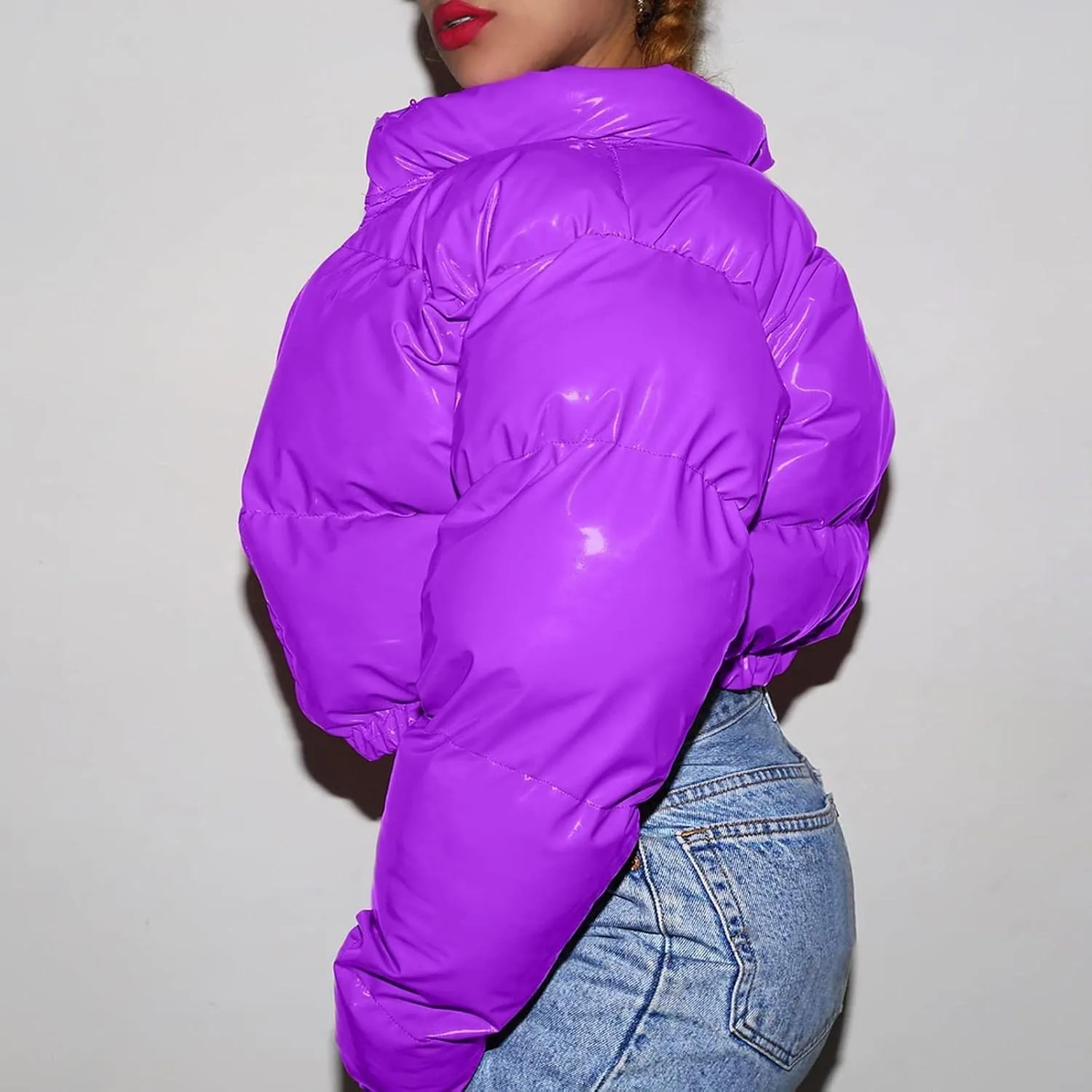 Puffer Jacket for Women Long Sleeve Y2K Full Zip Up Plain Short Down Coat Crop Length Casual Chunky Loose Fit Dowm Jacket