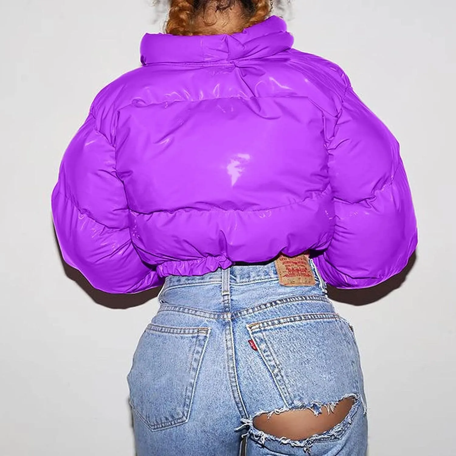 Puffer Jacket for Women Long Sleeve Y2K Full Zip Up Plain Short Down Coat Crop Length Casual Chunky Loose Fit Dowm Jacket