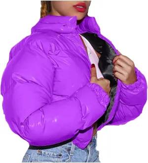 Puffer Jacket for Women Long Sleeve Y2K Full Zip Up Plain Short Down Coat Crop Length Casual Chunky Loose Fit Dowm Jacket
