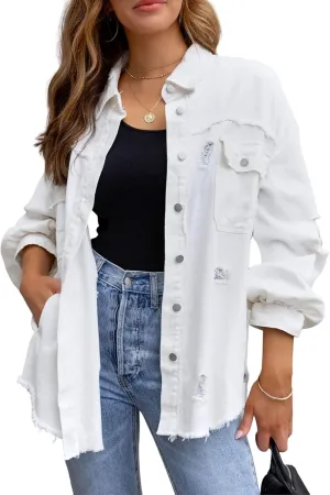 PUWEI Ripped Fringe Jean Jacket Women Distressed Washed Button Down Frayed Denim Shacket with Pocket