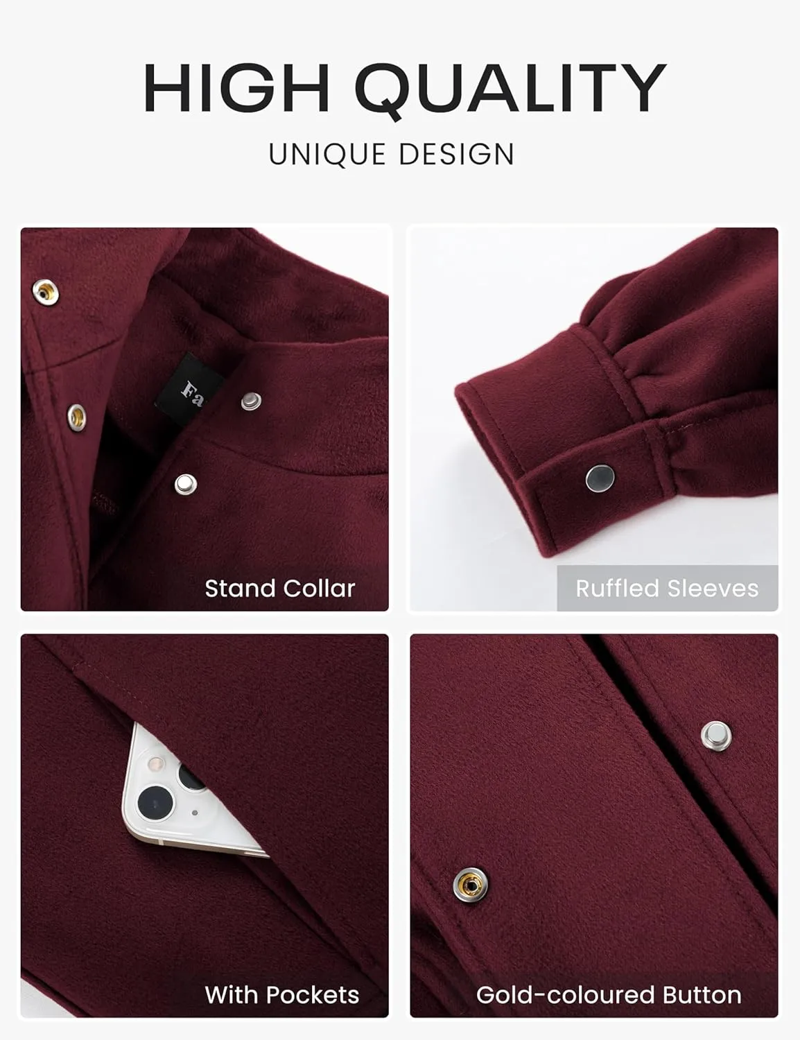 PUWEI Women's Cropped Pea Coat Stand Collar Single Breasted Wool Blend Overcoat Jackets