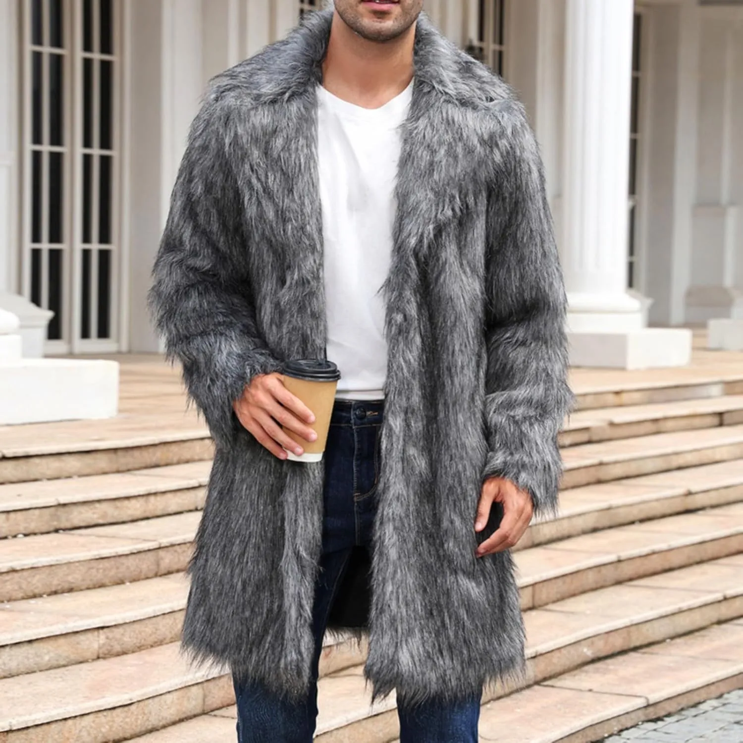 QWENTMTNTY Men Fluffy Long Faux Fur Coat Fashion Heavyweight Warm Winter Coats Thicken Faux Shearling Cardigan Overcoat