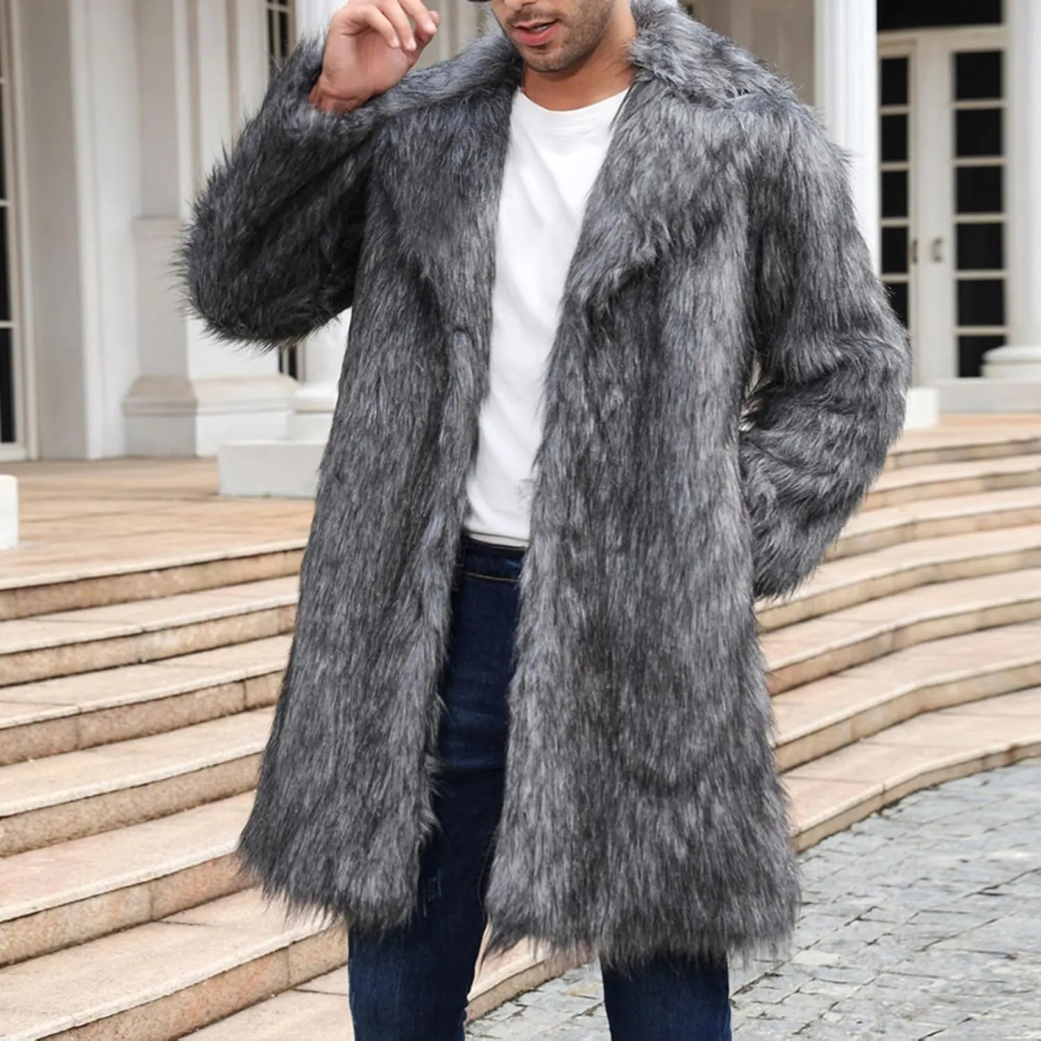 QWENTMTNTY Men Fluffy Long Faux Fur Coat Fashion Heavyweight Warm Winter Coats Thicken Faux Shearling Cardigan Overcoat