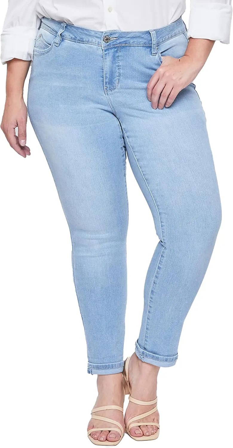 Royalty For Me Women's Plus Wannabettabutt Mid-Rise Mega Cuff Ankle Jean, Medium Blue, 24W