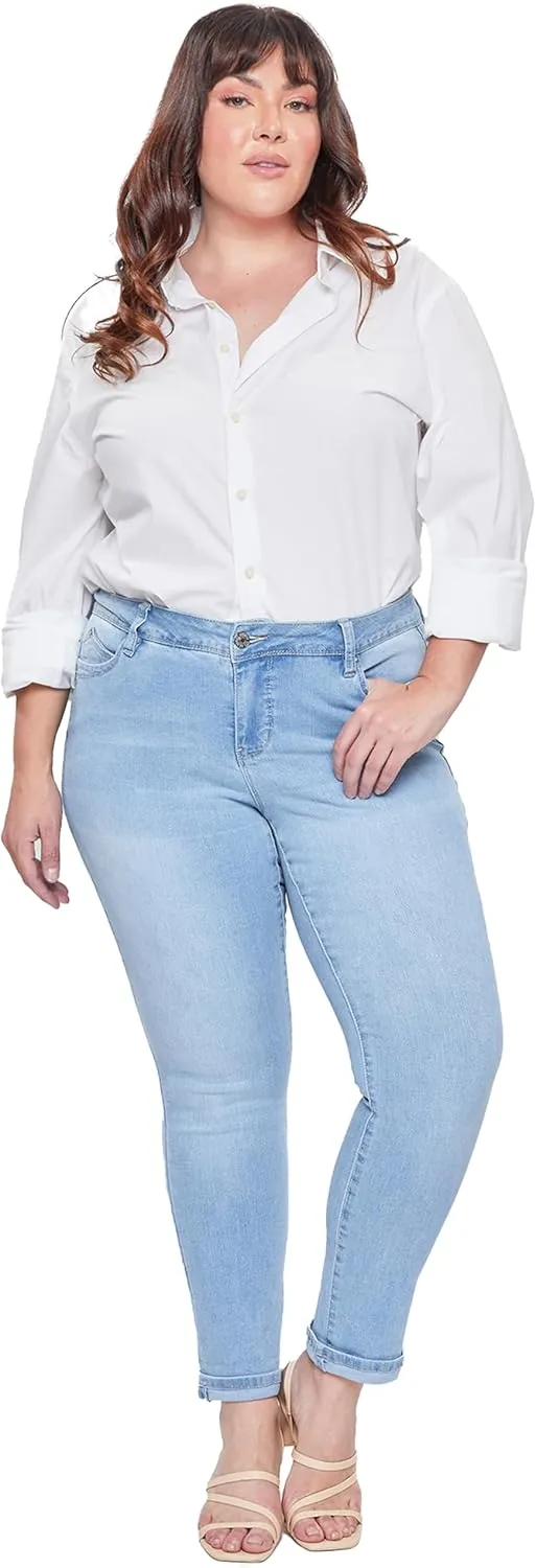 Royalty For Me Women's Plus Wannabettabutt Mid-Rise Mega Cuff Ankle Jean, Medium Blue, 24W