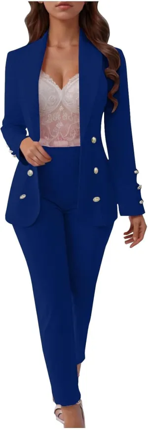 SACFOF Womens 2 Piece Blazer Set Long Sleeve Blazer and Pencil Pants Work Office Suit Set Business Casual Outfits