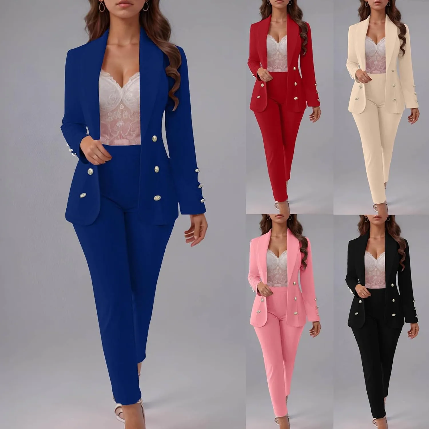 SACFOF Womens 2 Piece Blazer Set Long Sleeve Blazer and Pencil Pants Work Office Suit Set Business Casual Outfits