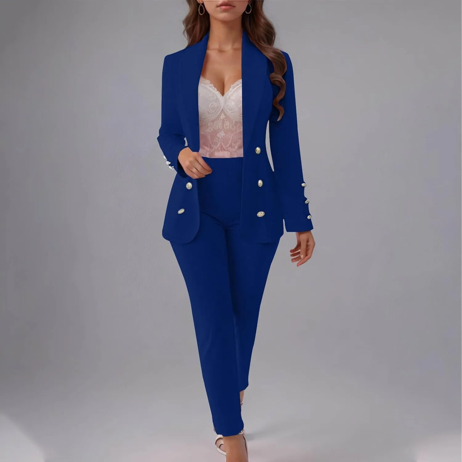 SACFOF Womens 2 Piece Blazer Set Long Sleeve Blazer and Pencil Pants Work Office Suit Set Business Casual Outfits