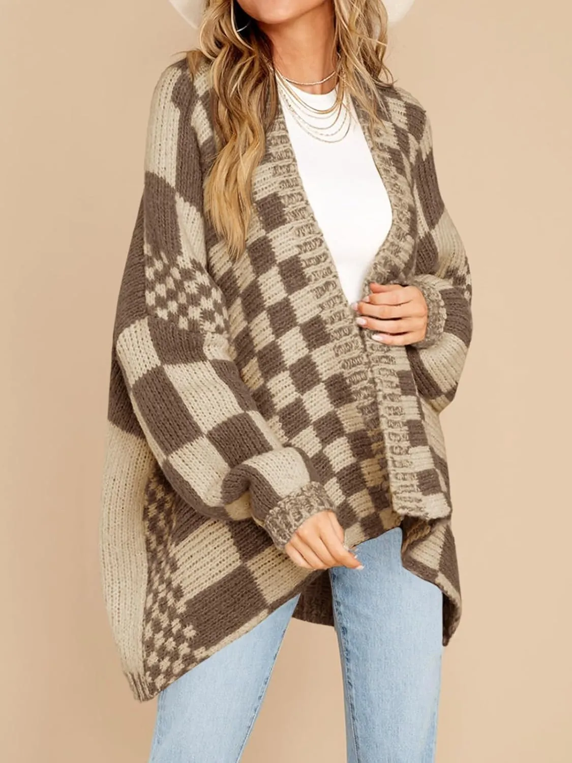 Saodimallsu Womens Checkered Sweater Color Block Plaid Cardigans Oversized Long Sleeve Knit Open Front Coats