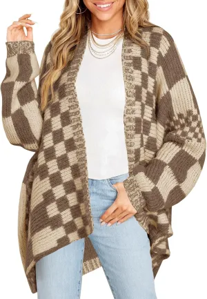 Saodimallsu Womens Checkered Sweater Color Block Plaid Cardigans Oversized Long Sleeve Knit Open Front Coats