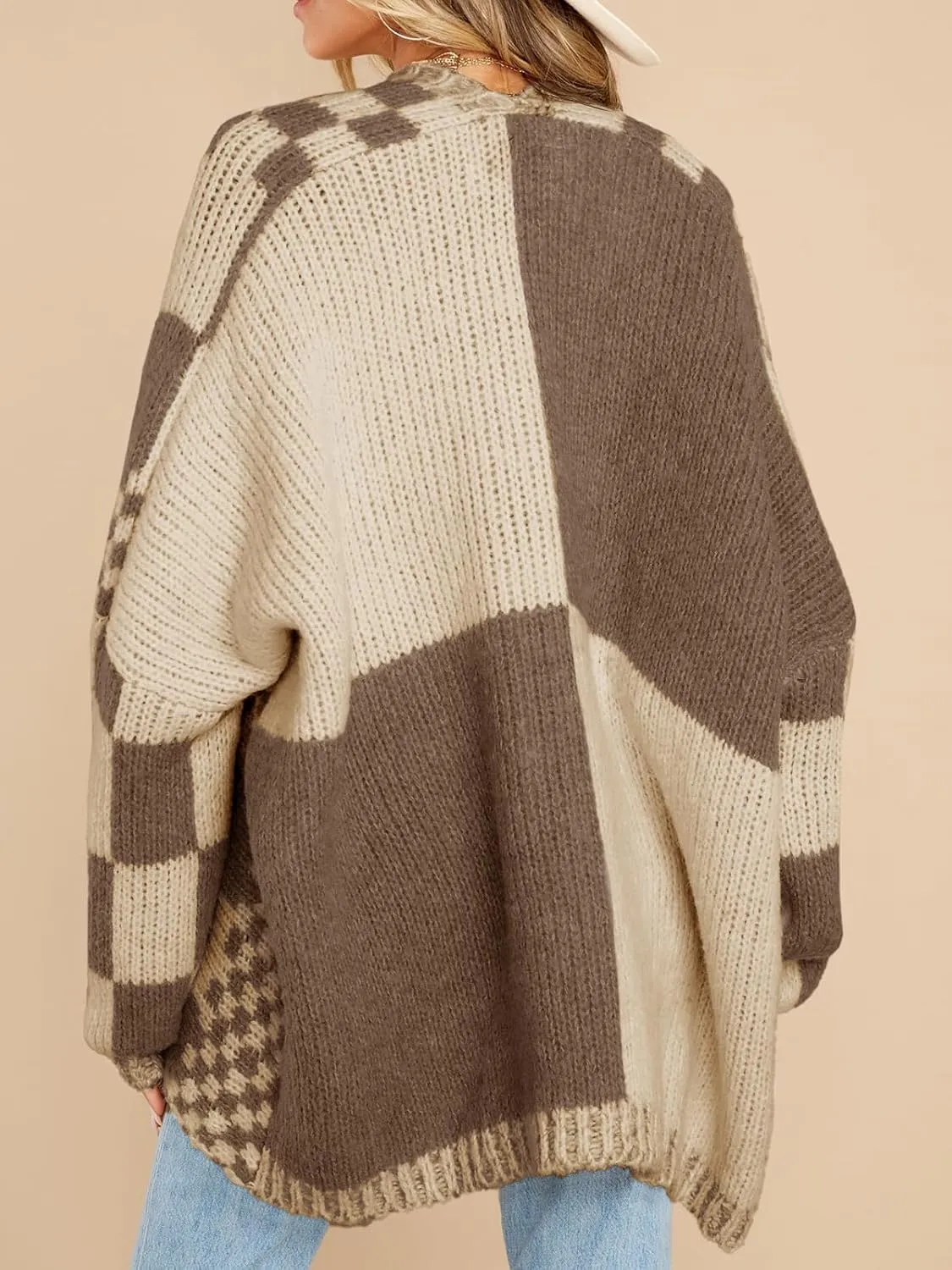 Saodimallsu Womens Checkered Sweater Color Block Plaid Cardigans Oversized Long Sleeve Knit Open Front Coats