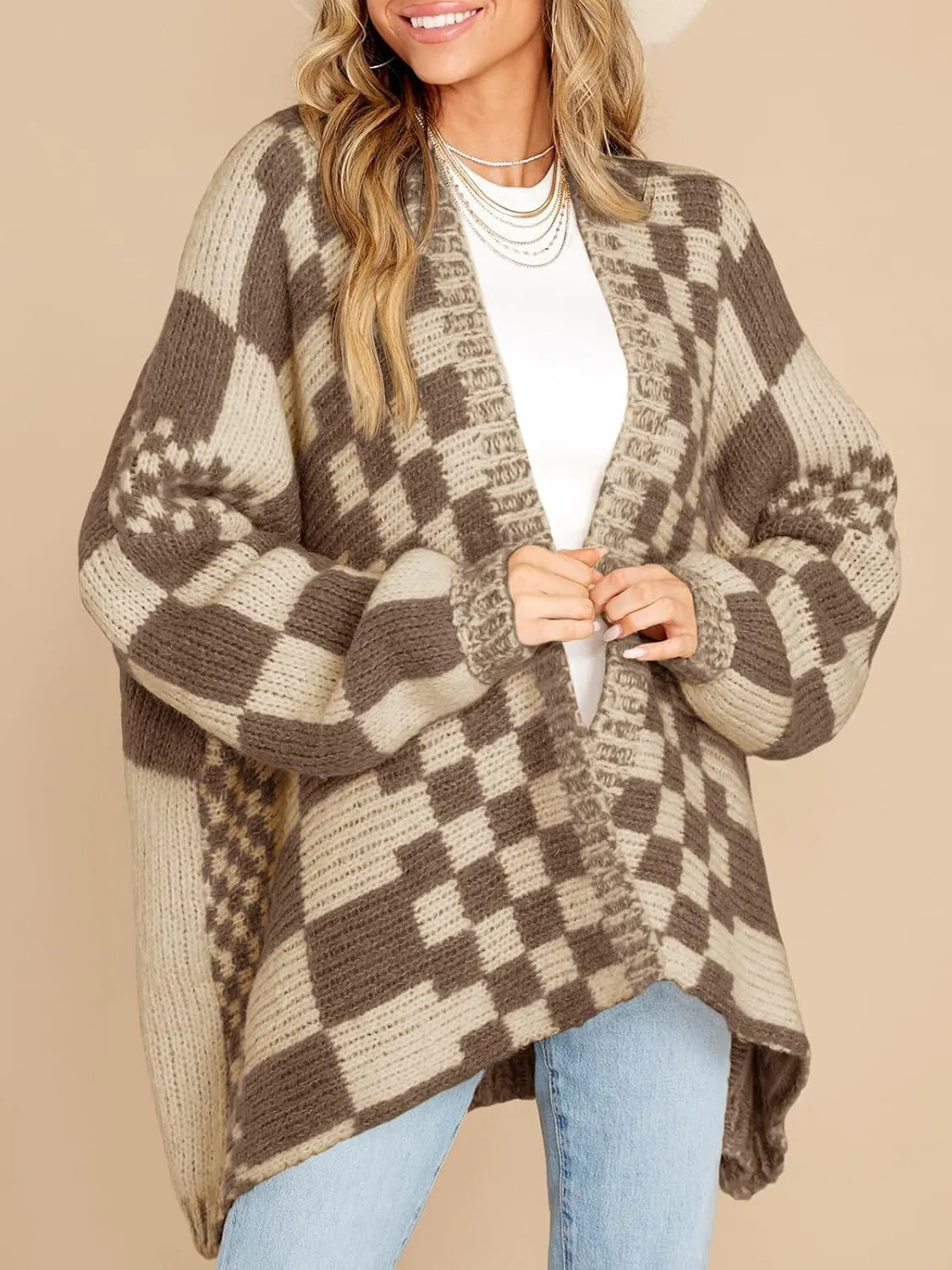 Saodimallsu Womens Checkered Sweater Color Block Plaid Cardigans Oversized Long Sleeve Knit Open Front Coats