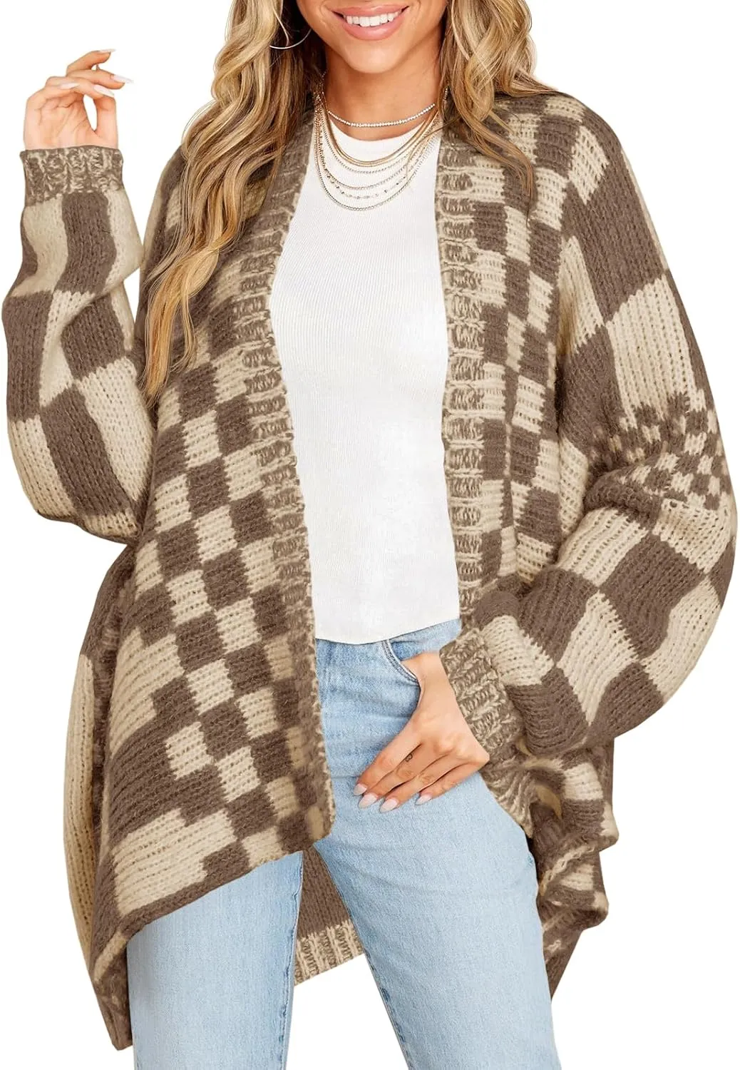 Saodimallsu Womens Checkered Sweater Color Block Plaid Cardigans Oversized Long Sleeve Knit Open Front Coats