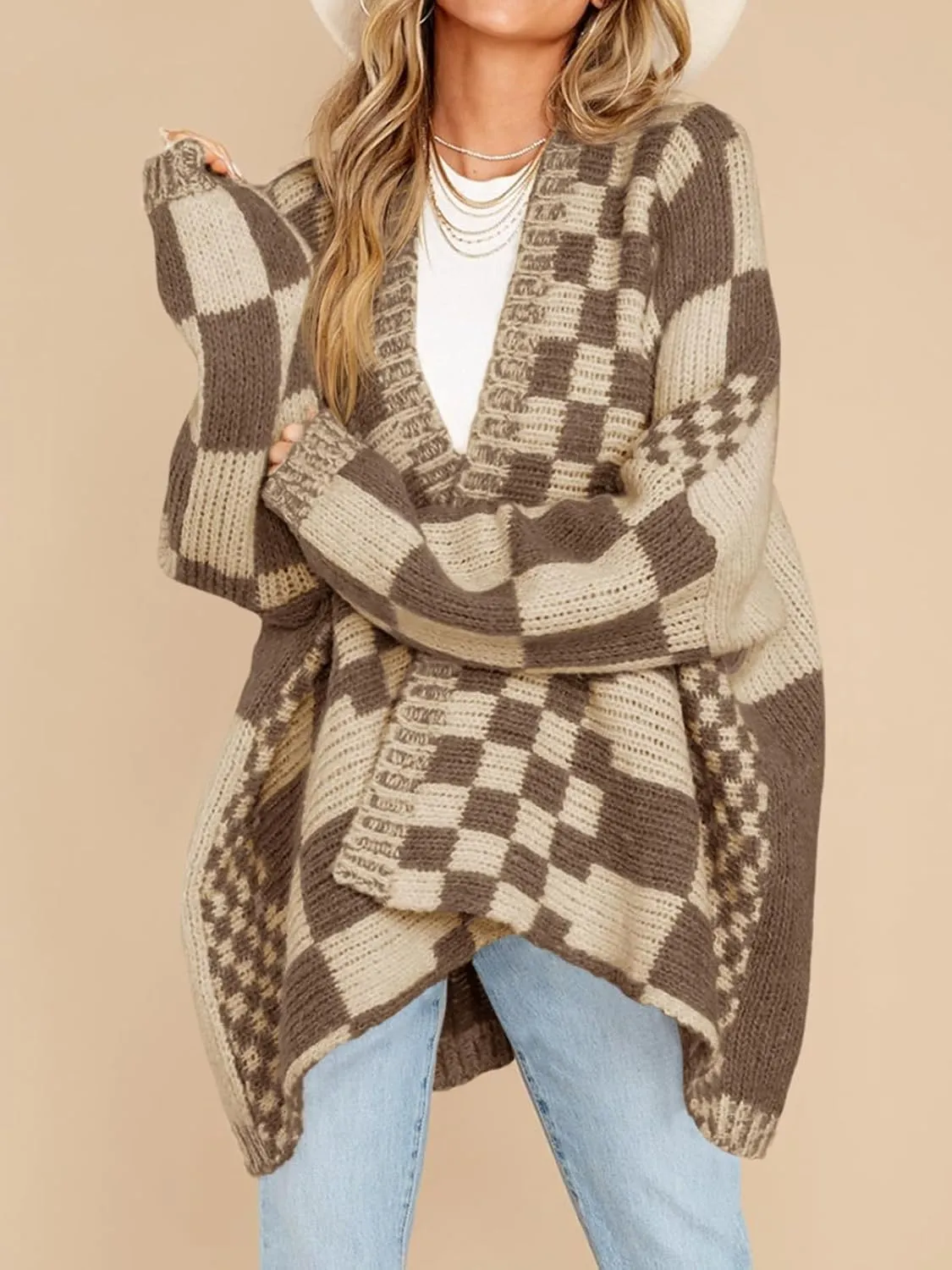 Saodimallsu Womens Checkered Sweater Color Block Plaid Cardigans Oversized Long Sleeve Knit Open Front Coats