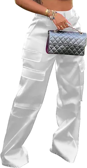 Satin Cargo Pants for Women High Waisted Multiple Pockets Wide Leg Trouser