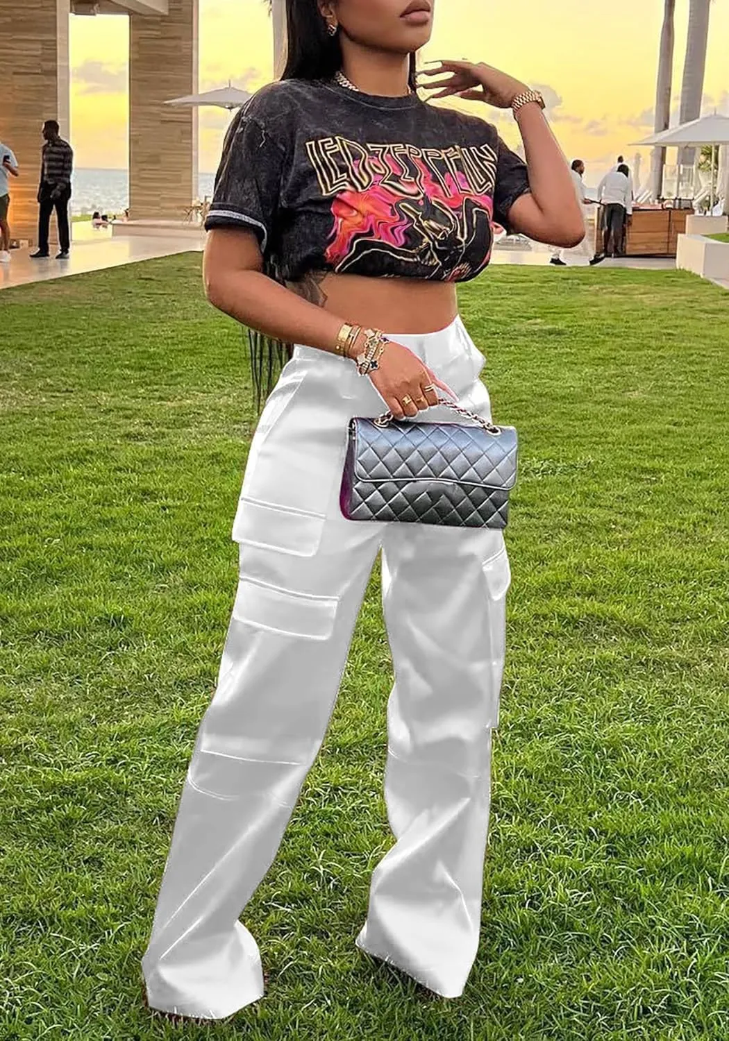 Satin Cargo Pants for Women High Waisted Multiple Pockets Wide Leg Trouser