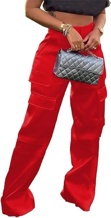 Satin Cargo Pants for Women High Waisted Wide Leg Trouser Multiple Pockets