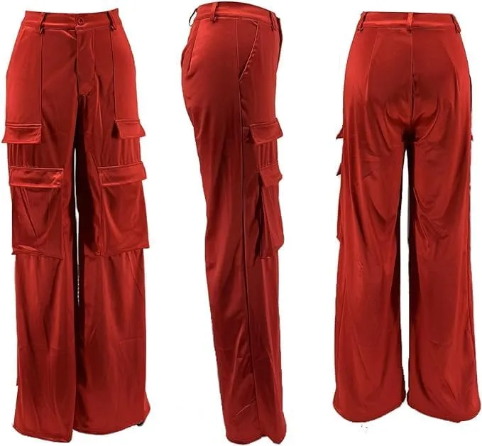 Satin Cargo Pants for Women High Waisted Wide Leg Trouser Multiple Pockets