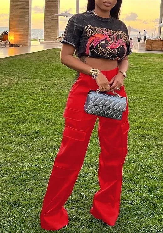 Satin Cargo Pants for Women High Waisted Wide Leg Trouser Multiple Pockets
