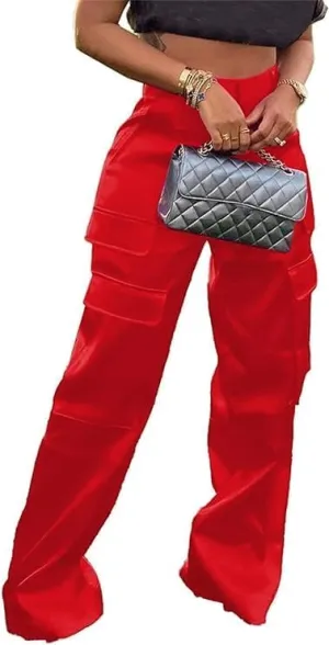 Satin Cargo Pants for Women High Waisted Wide Leg Trouser Multiple Pockets