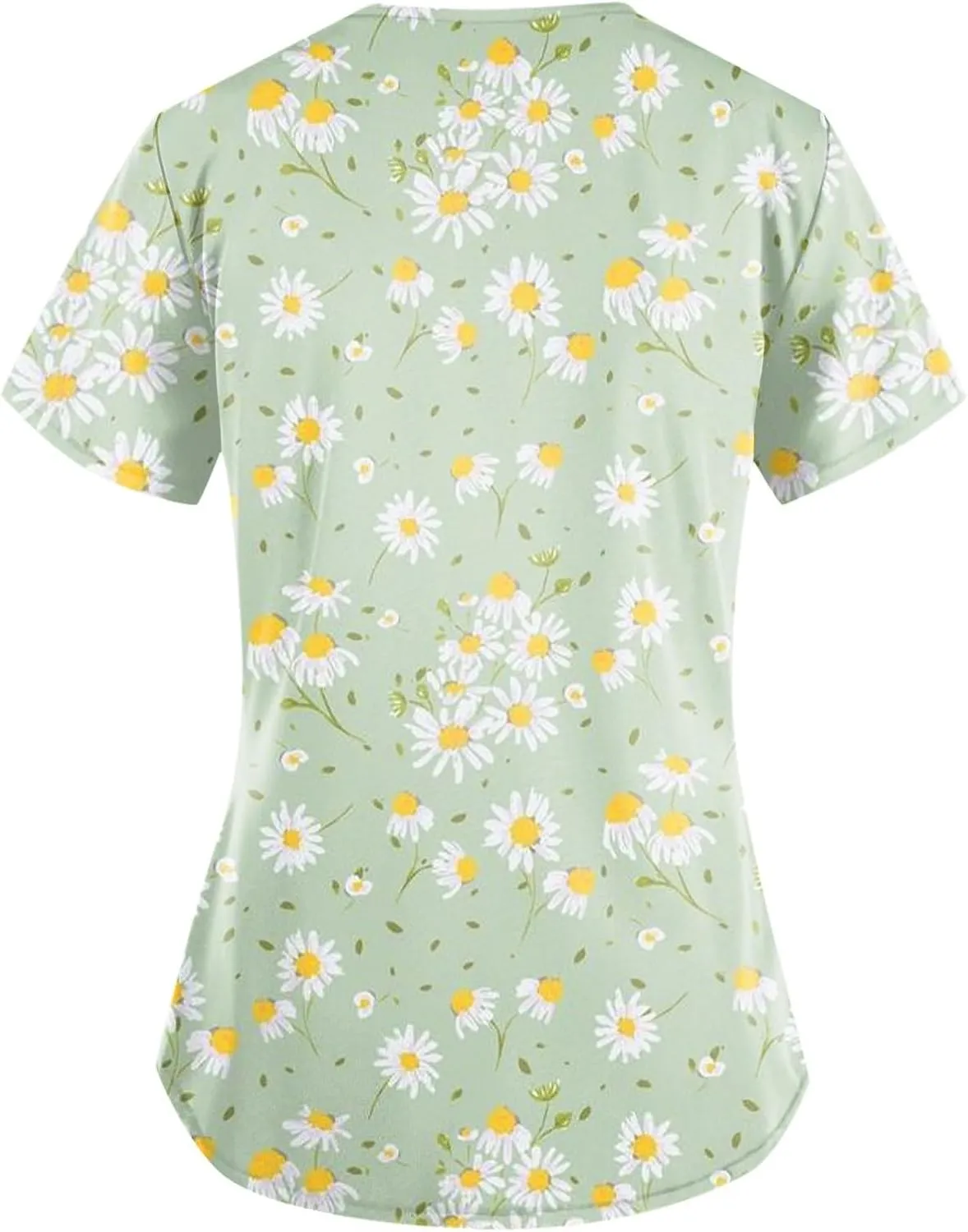 Scrub Tops for Women Short Sleeve Daisy Floral Print Healthcare Top V Neck Nursing Uniforms Workwear with Pocket