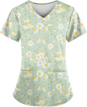 Scrub Tops for Women Short Sleeve Daisy Floral Print Healthcare Top V Neck Nursing Uniforms Workwear with Pocket