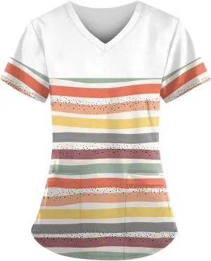 Scrubs for Women V Neck Short Sleeve Scrubs Tops Cute Printed Blouses Classic Fit Working T-Shirts with Pocket
