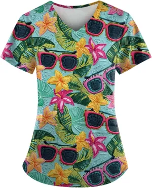 Scrubs for Women V Neck Short Sleeve Scrubs Tops Hawaiian Printed Working T-Shirts Easy Care Blouses with Pocket