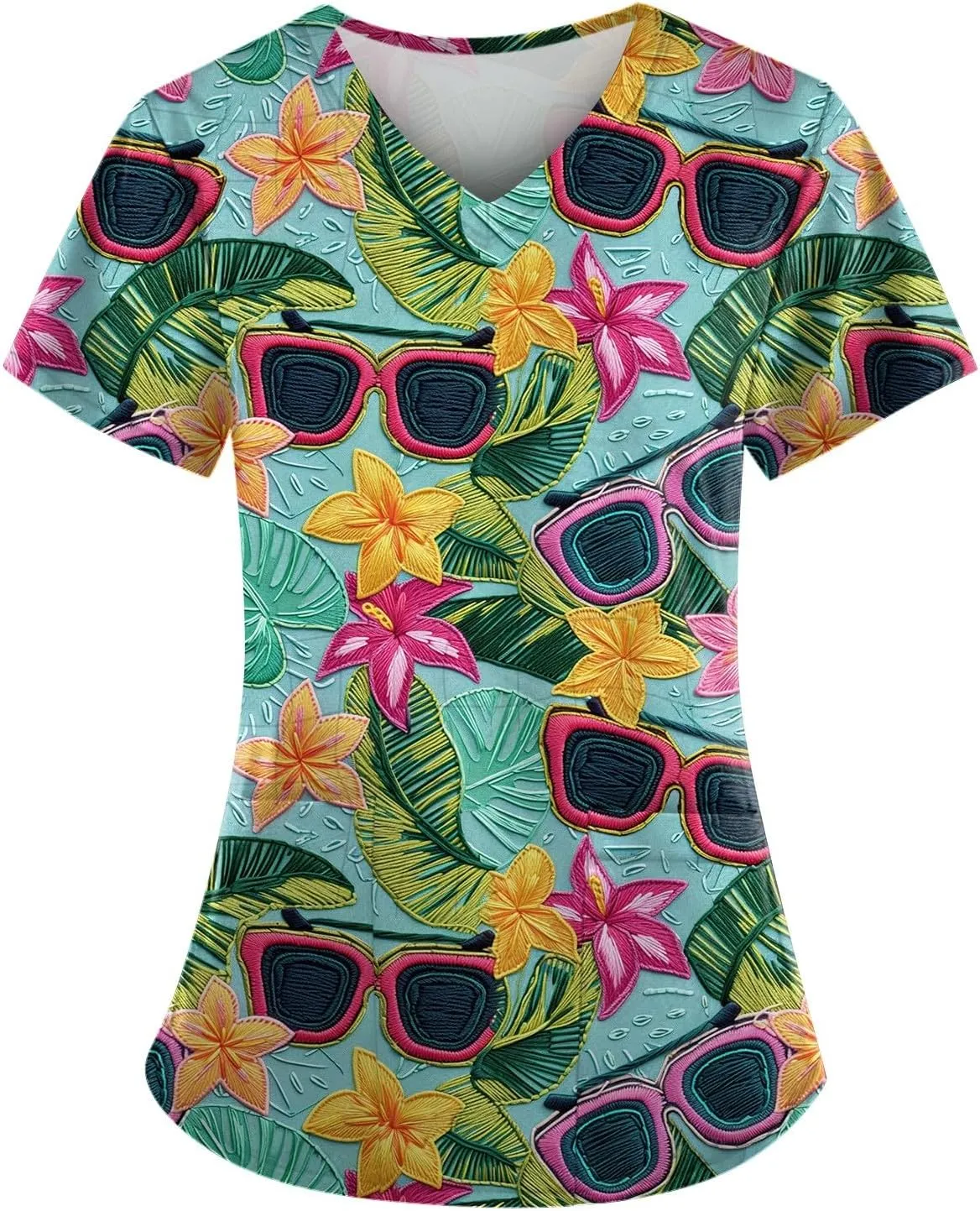 Scrubs for Women V Neck Short Sleeve Scrubs Tops Hawaiian Printed Working T-Shirts Easy Care Blouses with Pocket