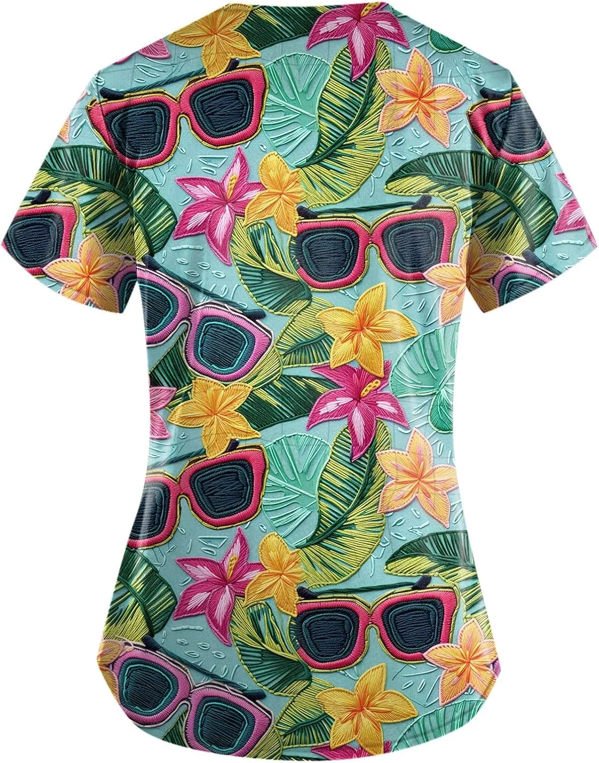 Scrubs for Women V Neck Short Sleeve Scrubs Tops Hawaiian Printed Working T-Shirts Easy Care Blouses with Pocket
