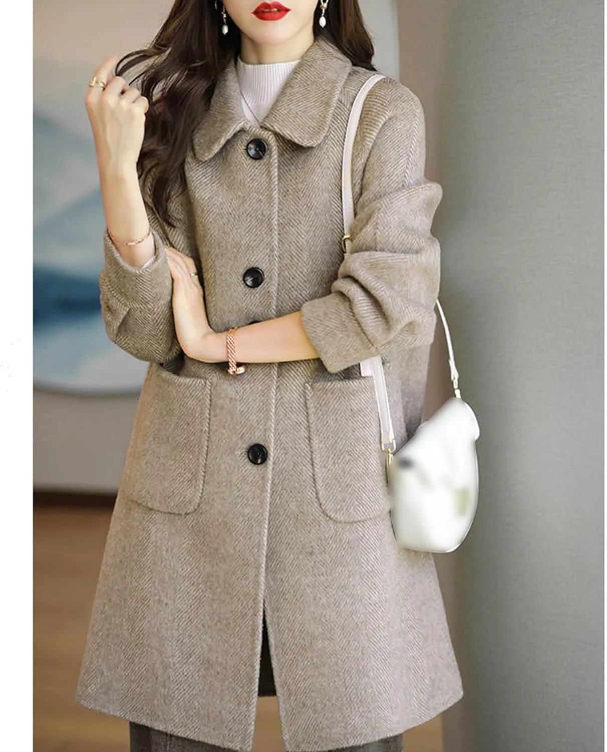 Sexyshine Women's Winter Wool Blend Pea Coat Jackets Single Breasted Lapel Mid-Long Outwear with Pockets
