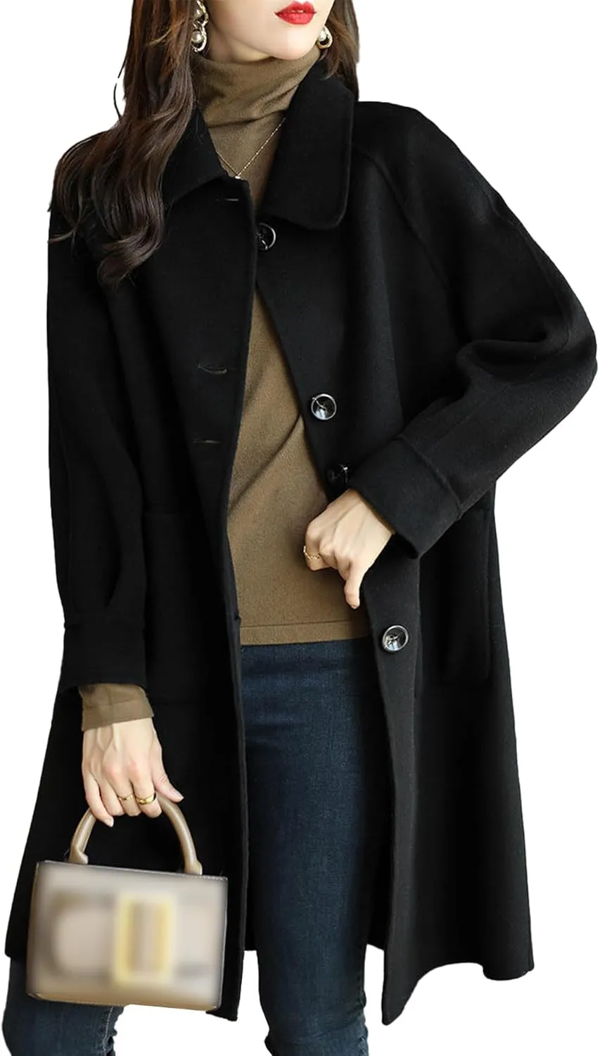 Sexyshine Women's Winter Wool Blend Pea Coat Jackets Single Breasted Lapel Mid-Long Outwear with Pockets