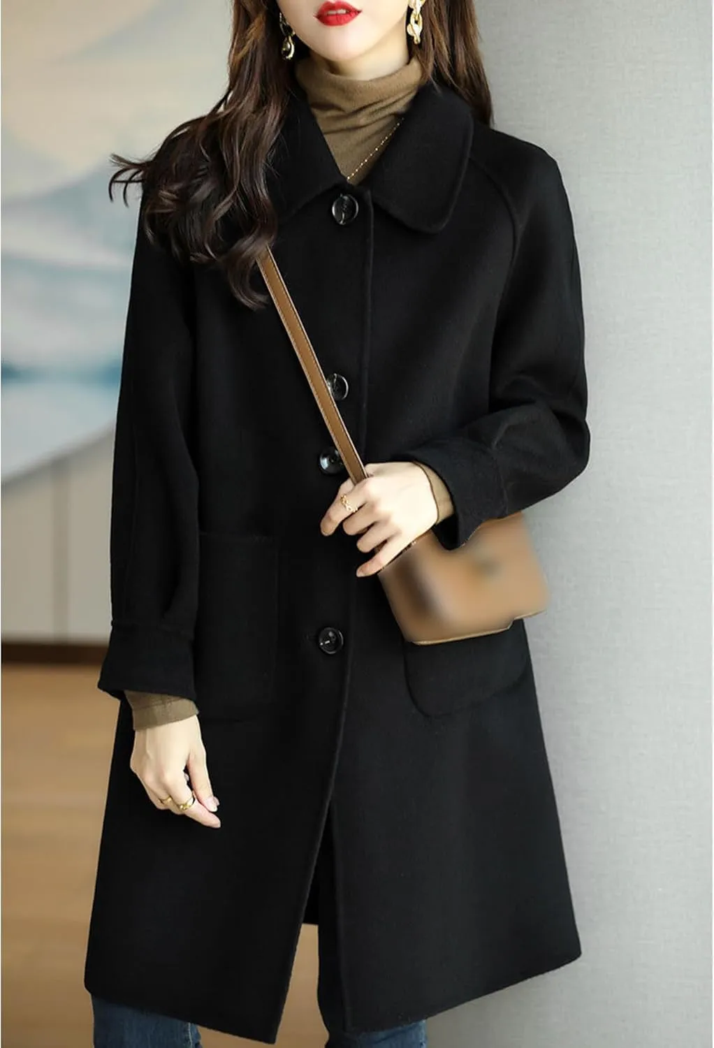 Sexyshine Women's Winter Wool Blend Pea Coat Jackets Single Breasted Lapel Mid-Long Outwear with Pockets