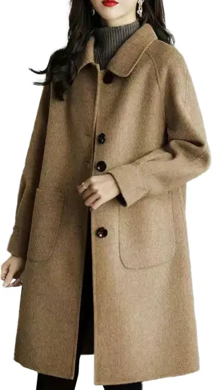 Sexyshine Women's Winter Wool Blend Pea Coat Jackets Single Breasted Lapel Mid-Long Outwear with Pockets