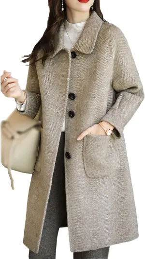 Sexyshine Women's Winter Wool Blend Pea Coat Jackets Single Breasted Lapel Mid-Long Outwear with Pockets