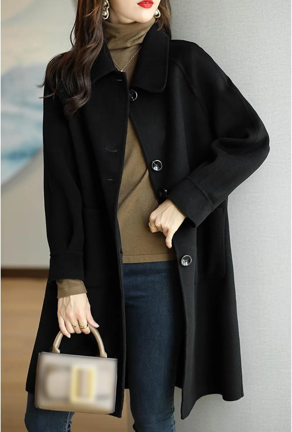 Sexyshine Women's Winter Wool Blend Pea Coat Jackets Single Breasted Lapel Mid-Long Outwear with Pockets