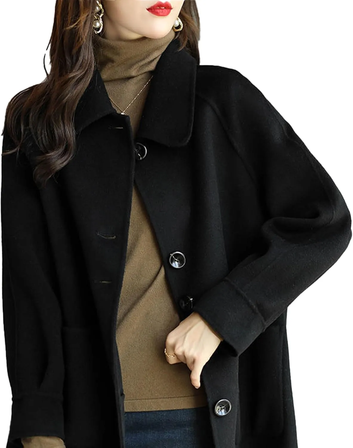 Sexyshine Women's Winter Wool Blend Pea Coat Jackets Single Breasted Lapel Mid-Long Outwear with Pockets