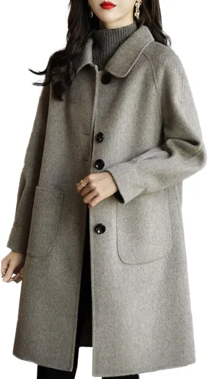 Sexyshine Women's Winter Wool Blend Pea Coat Jackets Single Breasted Lapel Mid-Long Outwear with Pockets